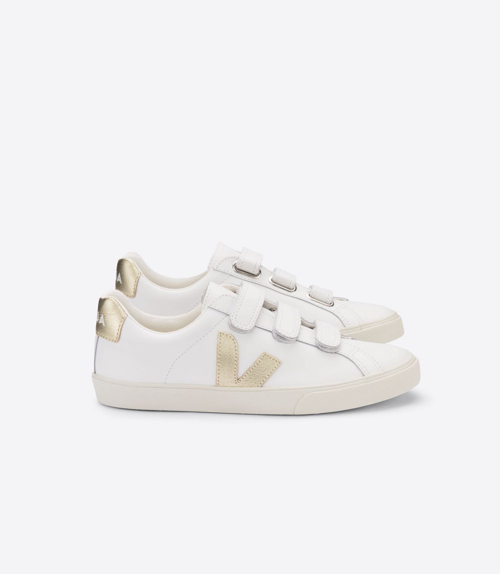 Veja Sneakers Dam - 3-Lock Läder - Vita/Guld - 764192-XNC